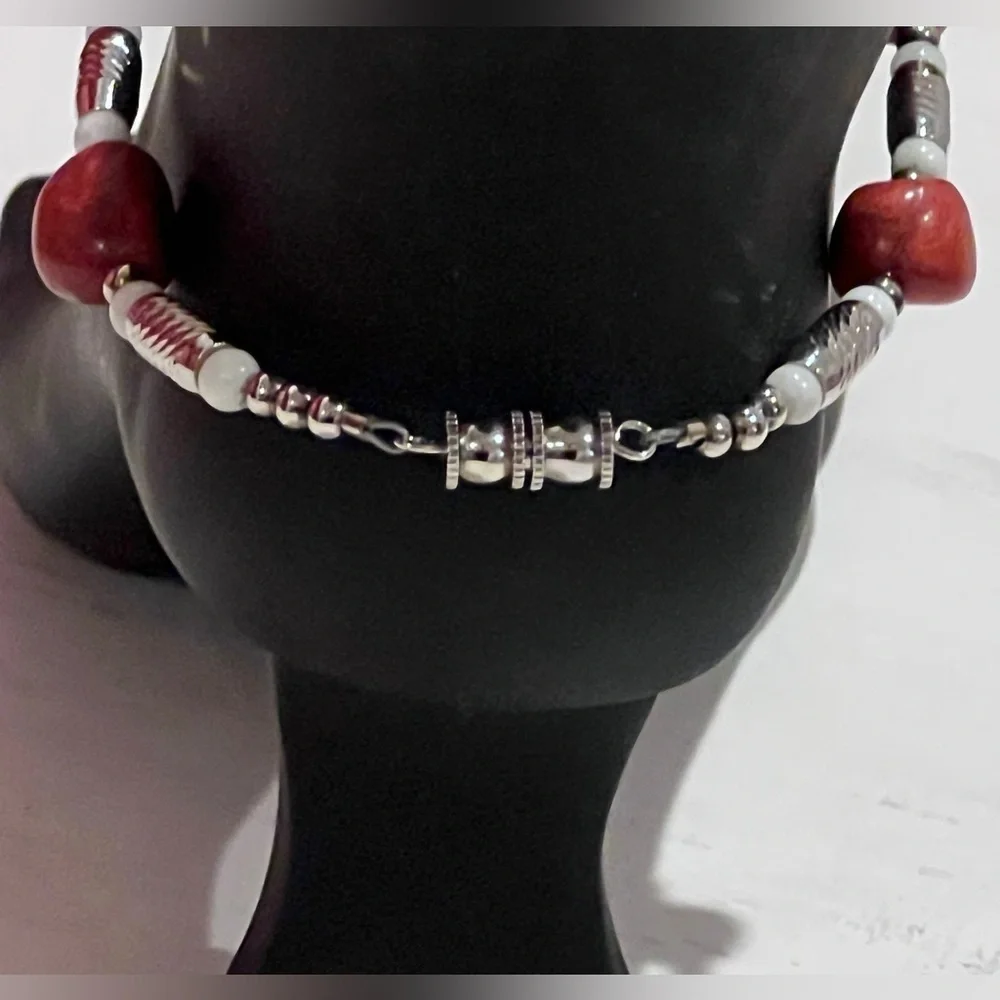Red, Silver and White Handmade Jasper Beaded Bracelet